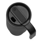 A black travel mug viewed from above, featuring a circular lid with a rectangular sliding closure and a sturdy handle on the side. The sliding mechanism covers a small spout for drinking.