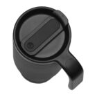 Top view of a black travel mug with a handle. The lid is secured with a flip-top mechanism, and the design is sleek and matte, emphasizing practicality and modern style.