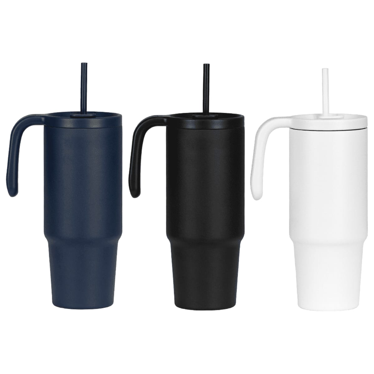 Three tall insulated tumblers with handles and straws are aligned from left to right in navy blue, black, and white. The tumblers have a sleek, modern design, suitable for keeping beverages at desired temperatures.