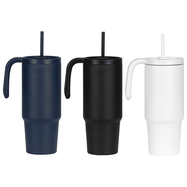 Three tall tumblers with handles and straws. The tumblers are in navy blue, black, and white colors, displayed side by side on a white background.
