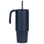 A tall, dark blue tumbler with a handle and a black straw. The tumbler has a sleek, cylindrical design, ideal for beverages.