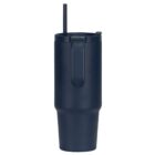 A tall, sleek, matte black tumbler with a handle and lid, featuring a black straw. The cylindrical design tapers towards the base, giving it a modern and minimalist appearance against a plain white background.
