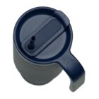 A dark blue insulated travel mug with a handle and a secure lid featuring a closed slide cover and a straw opening. The mug is viewed from above.