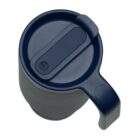 A top-down view of a navy blue travel mug with a handle and a snap-lid mechanism. The lid is closed, and the mugs cylindrical shape is visible.