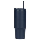 A tall, matte black insulated tumbler with a matching straw and lid. The tumbler has a sleek and minimalist design, standing upright against a white background.