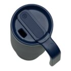 A dark blue travel mug seen from above, featuring a secure lid with a slide closure and a handle for easy carrying.