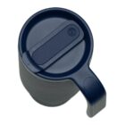 A blue travel mug with a lid and a sturdy handle, viewed from above. The lid has a sliding mechanism to open and close. The mug is simple in design with a modern aesthetic.