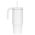 A minimalist, tall white tumbler with a handle and a lid featuring a straw. The tumbler has a simple, sleek design, suitable for carrying beverages. It stands against a plain white background.