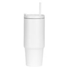 A tall, white, cylindrical tumbler with a straw and lid. The tumbler has a smooth texture and an ergonomic design, suitable for containing beverages. Its placed against a plain white background.