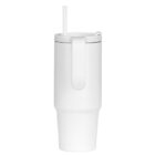 A sleek, white tumbler with a handle and a straw. The tumbler has a modern, minimalist design with a slim shape perfect for holding beverages. The handle ensures easy carrying, and the straw allows for convenient sipping.