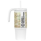 White insulated tumbler with a straw and handle, featuring an intricate pattern of circular and geometric designs. It displays the text Parks + Recreation and Mahona with a stylized logo on the side.