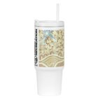 A tall white tumbler with a straw featuring a colorful, abstract circular and wavy pattern on the upper half. The design includes earth tones and blue accents. The words Parks & Recreation are printed vertically on the side.