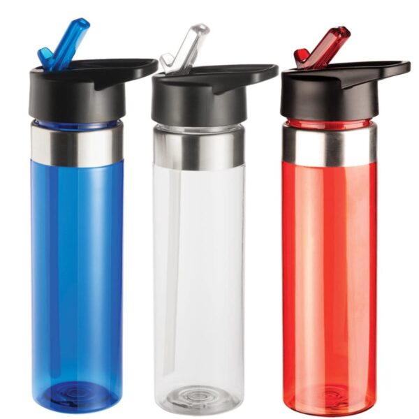Three reusable water bottles with flip-top straws and black lids. The bottles are in blue, clear, and red colors, each featuring a silver accent band near the top.
