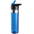 A blue reusable water bottle with a black flip-top lid and built-in straw, featuring a metal band around the neck. The bottle is upright against a plain white background.