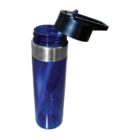 A tall, transparent blue water bottle with a wide mouth. The lid, black with a flip-top spout, is slightly open, showing a silver ring around the neck. The bottle is empty, standing upright on a white background.