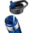 A blue water bottle with a straw lid is shown. The lid is black with an open flip-top revealing the straw. A silver band encircles the top of the bottle.