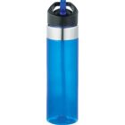 A transparent blue water bottle with a black cap featuring a loop handle and a built-in straw. The bottle has a sleek, cylindrical design with a silver accent near the top.