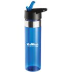 A blue water bottle with a black flip-top lid and straw. It features a silver band near the top and the text Go West Vacations in white on the front.