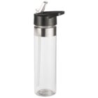 Clear plastic water bottle with a black flip-top lid and a metal accent around the neck. The bottle has a built-in straw visible through its transparent body.