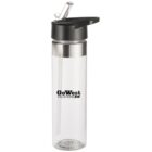 Clear water bottle with a black flip-top lid and a metal accent. The bottle has the text GoWest Vacations and an arrow printed on it. The base is flat and the lid features an integrated straw.