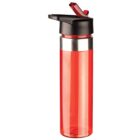A transparent red water bottle with a black flip-top lid, featuring a built-in straw and a silver accent band near the top. The sleek, cylindrical design is simple yet functional, suitable for everyday use or during sports activities.