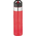 A translucent red water bottle with a black cap and a silver band near the top.
