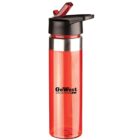 Red reusable plastic water bottle with a black flip-top lid and silver accent near the top. The bottle features the text Go West Vacations in black font on its side.