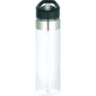 A transparent water bottle with a black lid and a shiny silver band at the neck. The bottle is tall and cylindrical with a sleek, modern design.