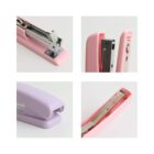 Four images of staplers: top left shows the interior mechanism; top right and bottom right display pink staplers from different angles; bottom left features a purple stapler.