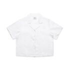 A short-sleeved, button-up white shirt with a collar, neatly laid flat against a plain white background.