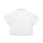 The image shows the back view of a plain white short-sleeve shirt with a collar and a straight hemline. The fabric appears smooth and unpatterned, and the shirt is displayed against a plain white background.
