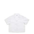 A white short-sleeve button-up shirt with a collar, laid flat on a white background.