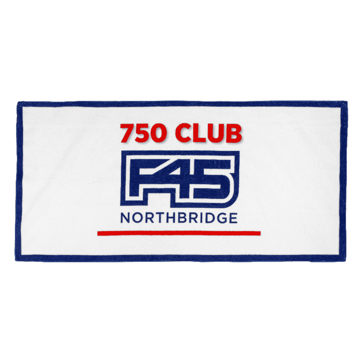 A rectangular white towel with a blue border featuring the text 750 Club in red and F45 Northbridge in blue, centered on the towel.