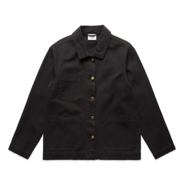 A black, long-sleeved jacket with a collared neckline and front button closure. It features two chest pockets and two lower pockets, creating a minimalist, structured look.