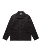 Black button-up workwear jacket with a collar and three front pockets. The jacket is displayed on a plain white background.