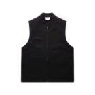 A black sleeveless vest with a front zipper, two large front pockets, and a small white label at the neckline. The vest is laid flat on a white background.