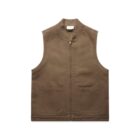 A brown sleeveless vest with a front zipper and two large square pockets at the bottom. The vest has a simple collarless design and appears to be made of a durable fabric.