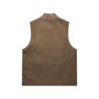 A brown sleeveless vest with a high collar, displayed against a white background, shown from the back. Its simple design features clean lines and a smooth texture.