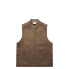 A khaki brown sleeveless vest with a front zipper and two large pockets at the bottom. The vest has a simple design with a high collar and appears to be made of sturdy fabric. It is laid flat against a white background.