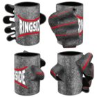 Four textured mugs with creative handle designs, featuring the word RINGSIDE in bold white letters on a gray, rugged surface with red accents. Each mug has a unique handle resembling a boxing glove.