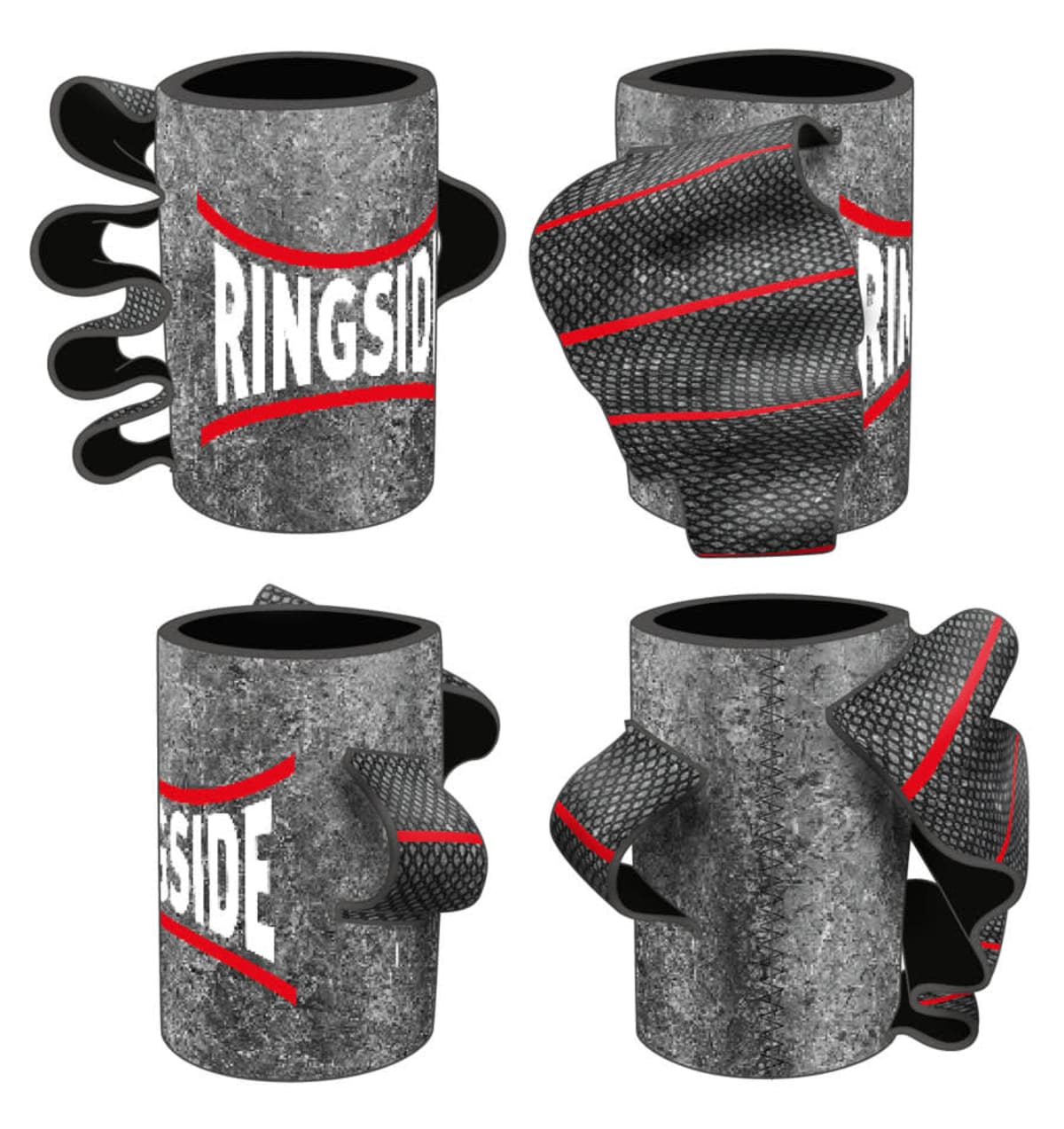 Four textured mugs with creative handle designs, featuring the word RINGSIDE in bold white letters on a gray, rugged surface with red accents. Each mug has a unique handle resembling a boxing glove.