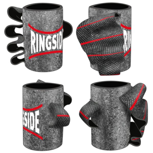 Four textured mugs with unique hand grips resembling black and red boxing gloves. The mugs have a gray concrete-like surface with the word RINGSIDE printed on them.