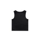 A black, sleeveless tank top is displayed against a plain white background. The fabric appears smooth and the design is simple, with no visible patterns or logos. The view is from the back.