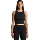 A person wearing a black sleeveless crop top and black leggings stands against a plain white background, facing the camera.