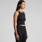 A person wearing a black sleeveless top and black leggings is standing sideways against a plain gray background. They have long dark hair and are looking forward.