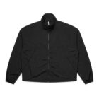 A black, long-sleeve jacket with a smooth texture, featuring a front zipper and a high collar. The jacket is displayed on a white background.