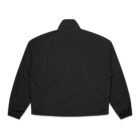 A black bomber jacket displayed from the back. The jacket features a straight cut with long sleeves, a high collar, and elastic cuffs. The fabric appears smooth and slightly shiny, giving it a sleek and modern look.