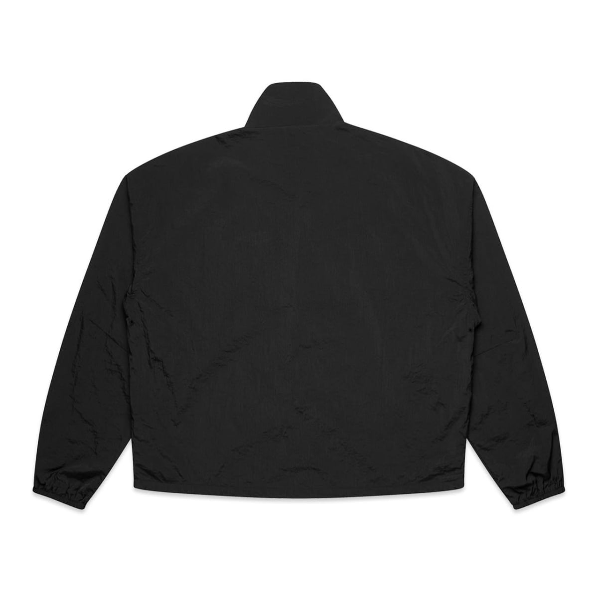 A black bomber jacket displayed from the back. The jacket features a straight cut with long sleeves, a high collar, and elastic cuffs. The fabric appears smooth and slightly shiny, giving it a sleek and modern look.