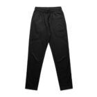 Black sweatpants with an elastic waistband and drawstring, laid flat on a white background. They have side pockets and tapered legs, indicating a comfortable and casual style.