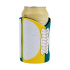 A yellow, green, and white can holder designed to resemble a football with stitching details covers a light-colored beverage can.
